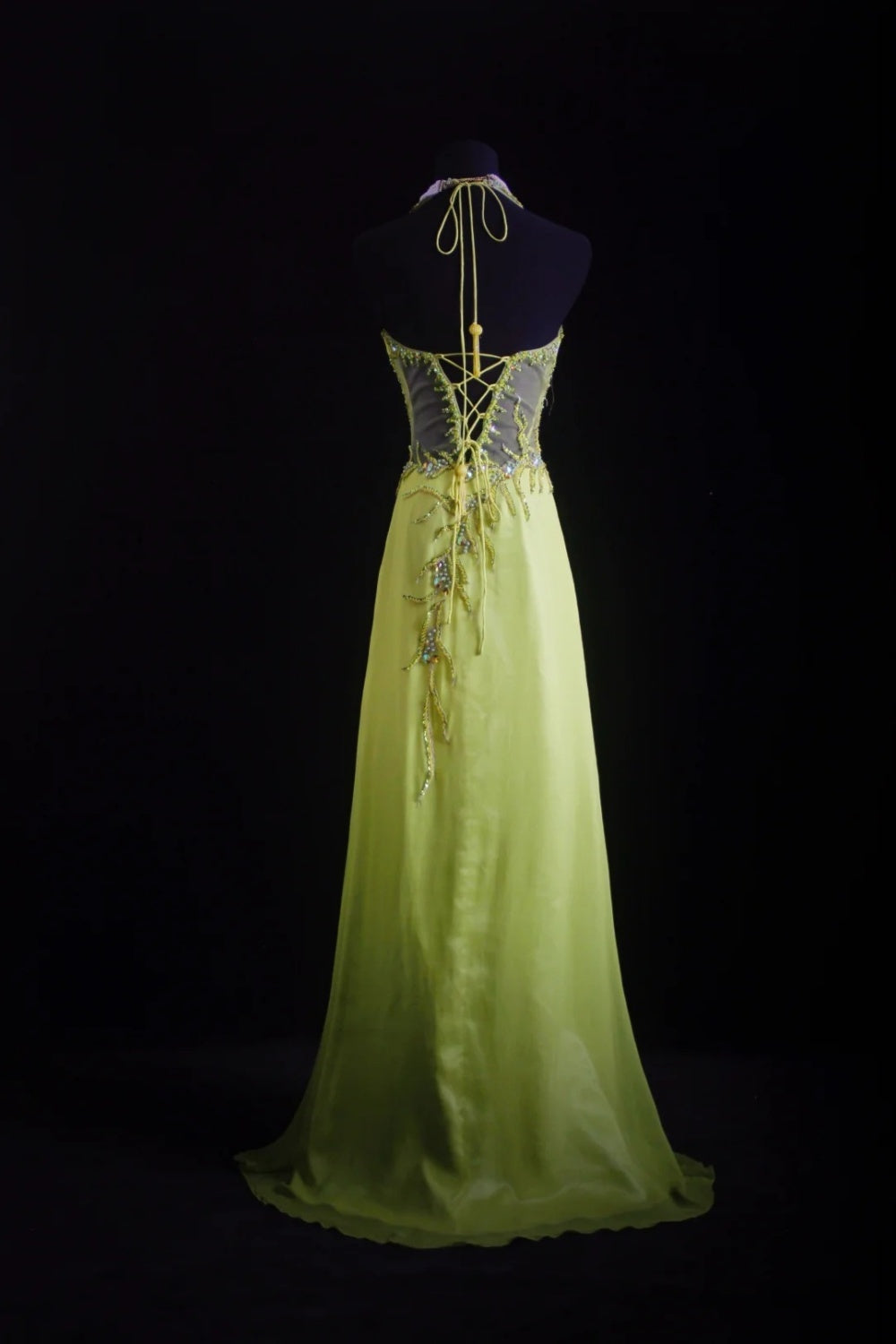 NiceVestidos--Dreamy Handmade Beaded Niche Forest Fairy Tale Nature Art Glam Yellow Green Chiffon Beaded Halter Neck Fitted Long Prom Dress NV5793