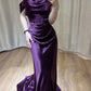 Robe de soirée longue en satin à épaules dénudées violette nv1997