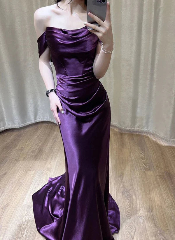 Robe de soirée longue en satin à épaules dénudées violette nv1997