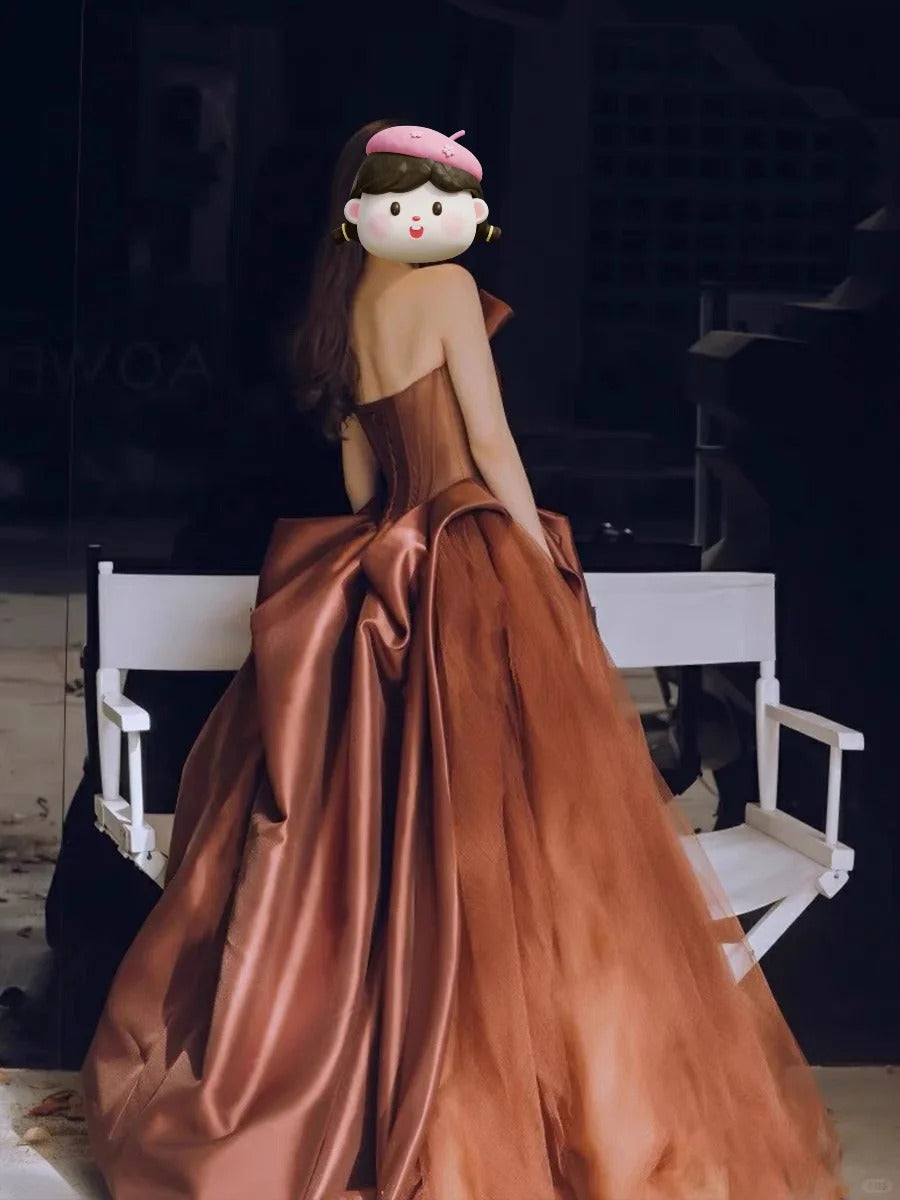 Caramel Color Simple Elegant Long Satin Tulle Ball Gown Evening Gown Birthday Gown Wedding Gown nv4157