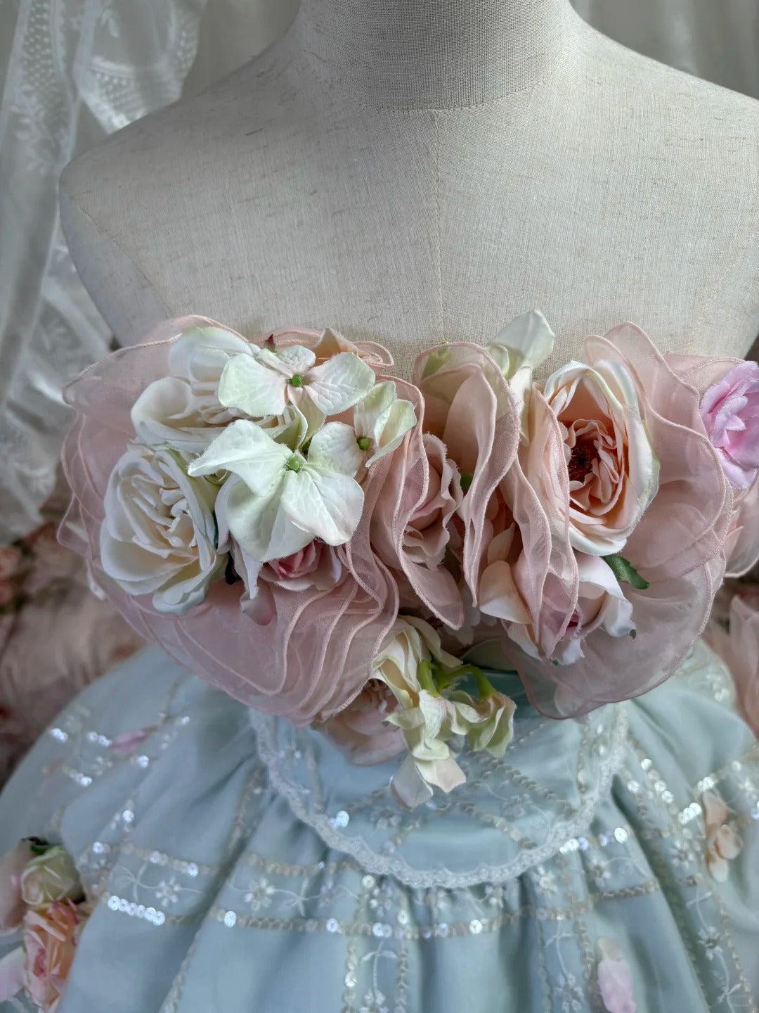 Rosa, bodenlanges Ballkleid aus Tüll mit Blumenmuster, nv5172