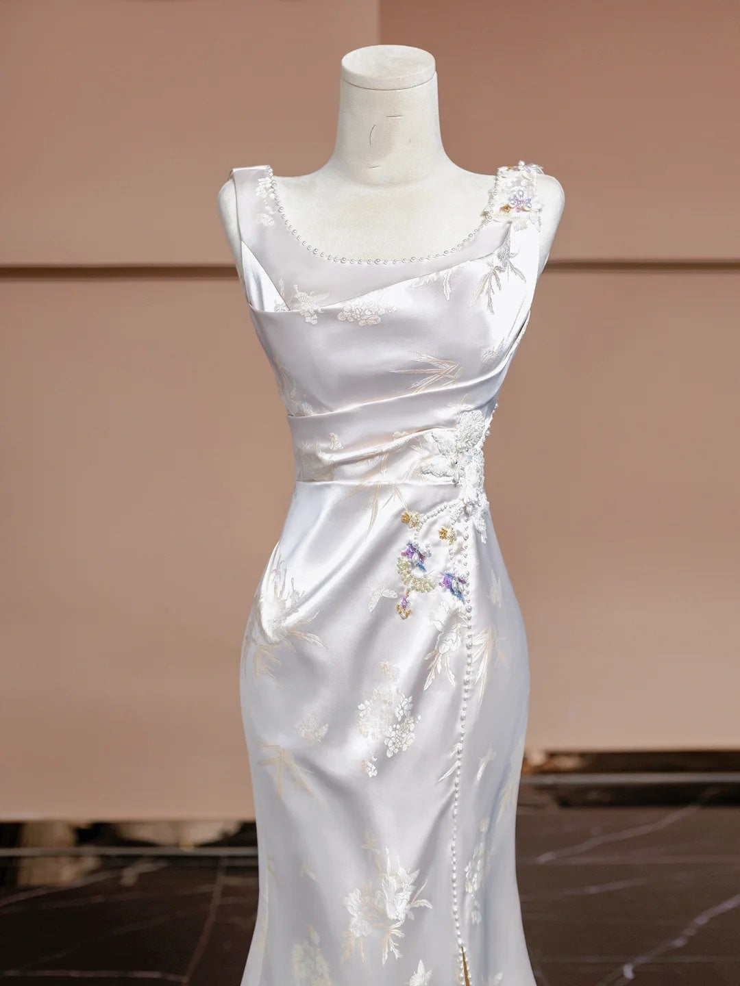 White floral elegant long satin party dress prom dress evening gown nv4542