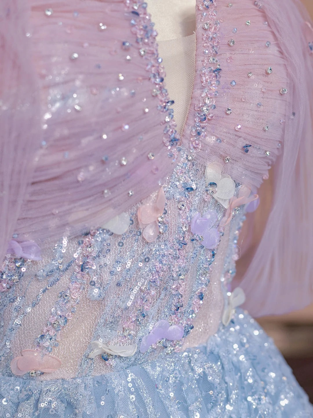 Pink Blue Beaded Long Tulle Floor Length Ball Gown Evening Dress nv5052