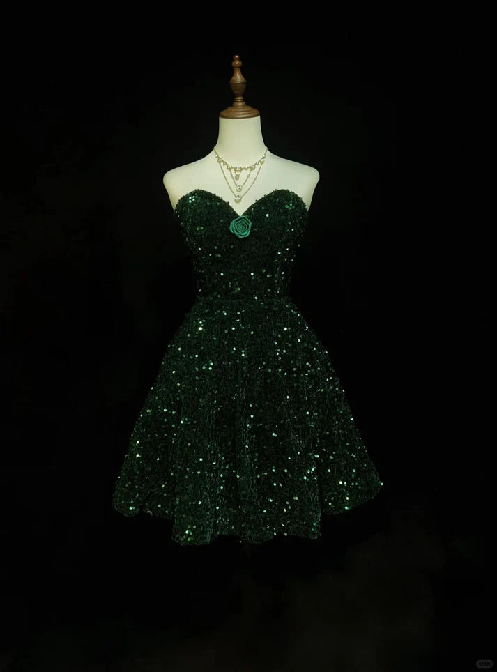 Green shiny princess sequin short retro fashion homecoming dress prom dress evening dress nv4286