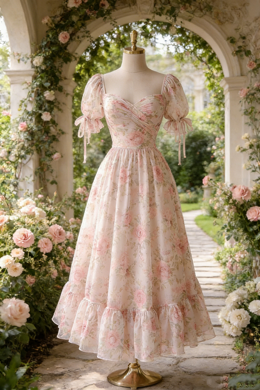 Pink Floral Print Puff Sleeve Tie Detail Maxi Dress - Gentle Style Date & Birthday Party Gown NV6792