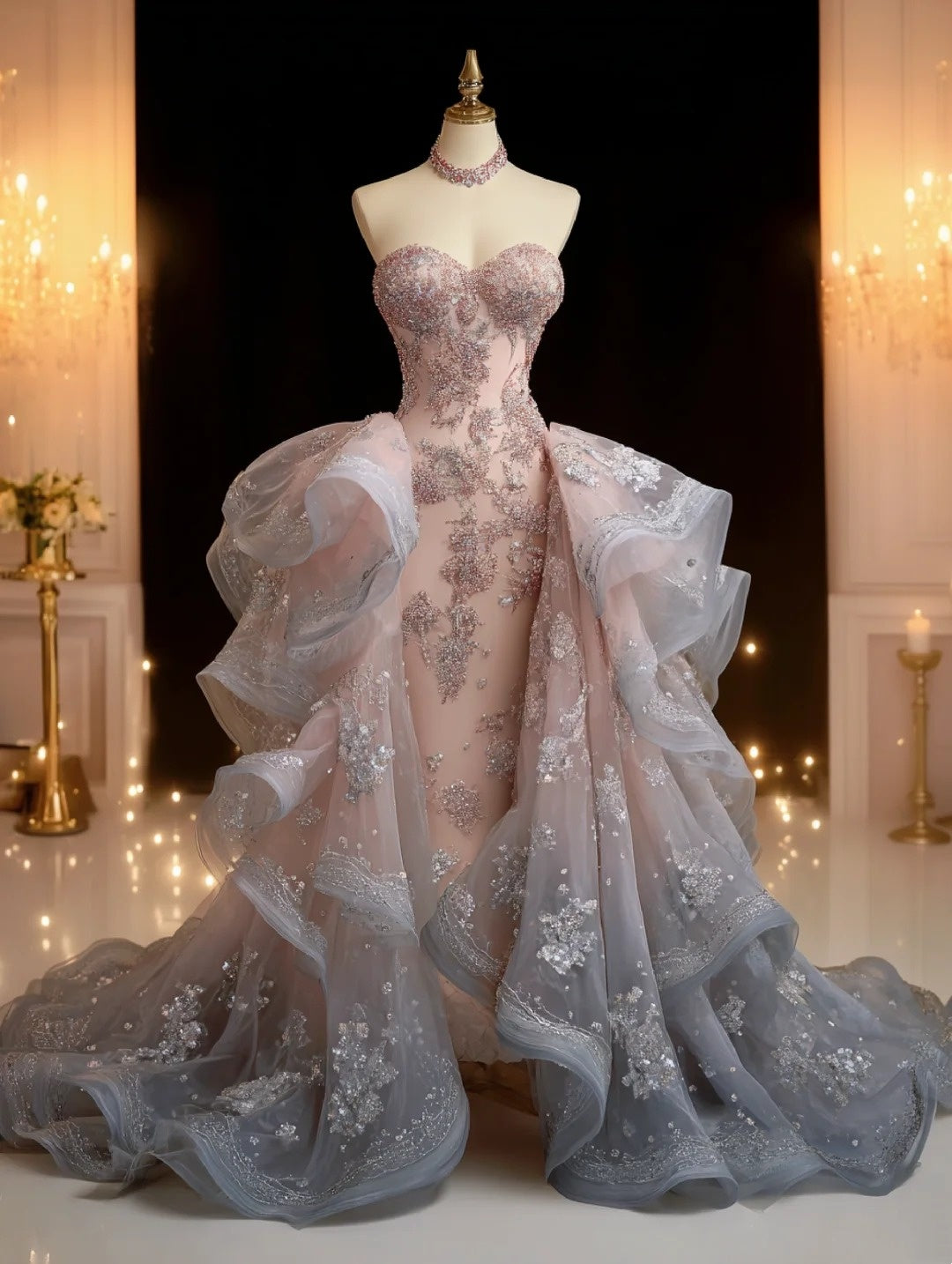 Éclat de neige poudrée | Robe rose champagne pour un bal d'hiver NV6518