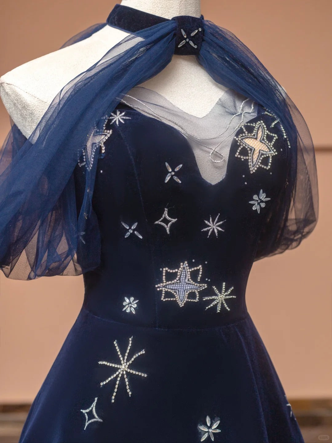 Blue Exquisite Star Beaded Long Velvet Prom Dress Ball Gown Evening Gown Party Gown nv4732