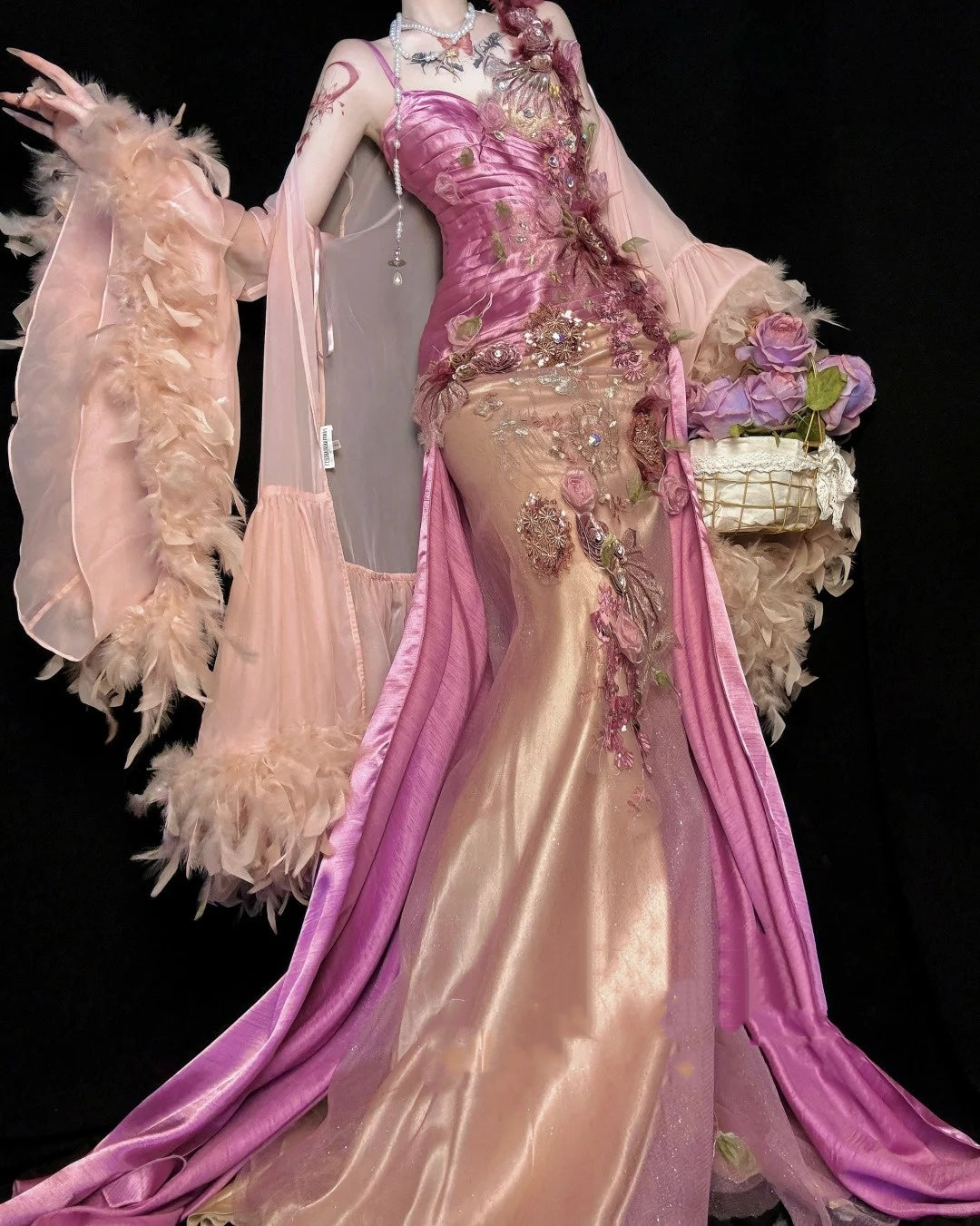 🌸Robe de soirée longue en satin à fleurs roses et violettes, robe de fée nv4433