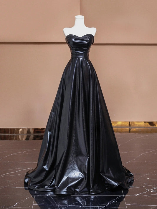 Schwarzes schlichtes, stilvolles bodenlanges Ballkleid-Abendkleid aus Satin, NV5055
