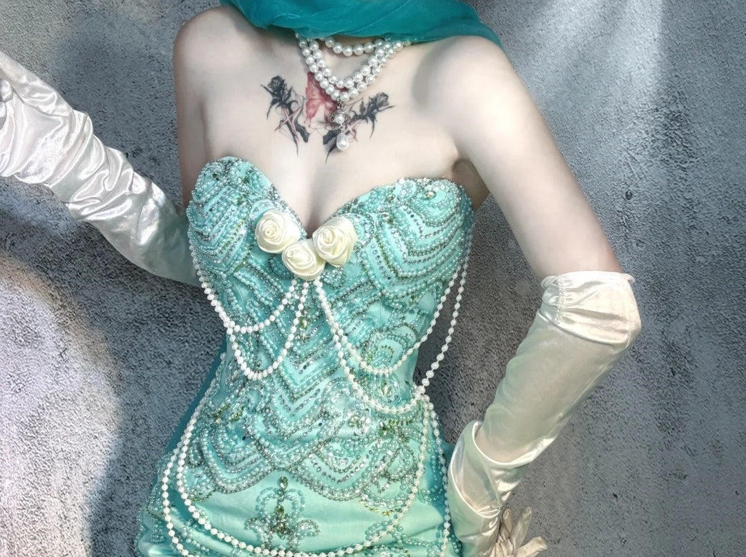 Blue gorgeous exquisite beaded long satin ball gown evening dress party dress nv4377