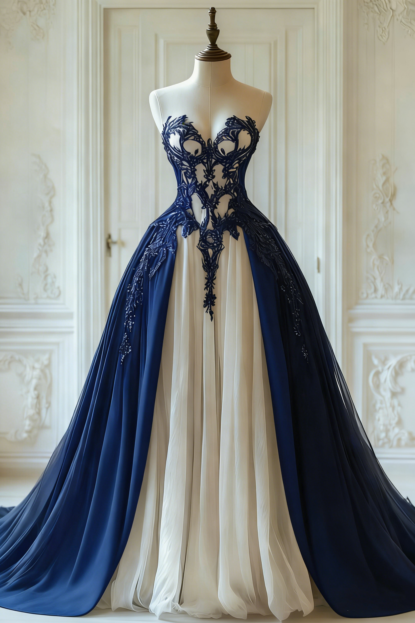 NiceVestidos-Black and White Lace Tulle Paneled Butterfly Sleeve Floor-Length Gothic Gown NV6172