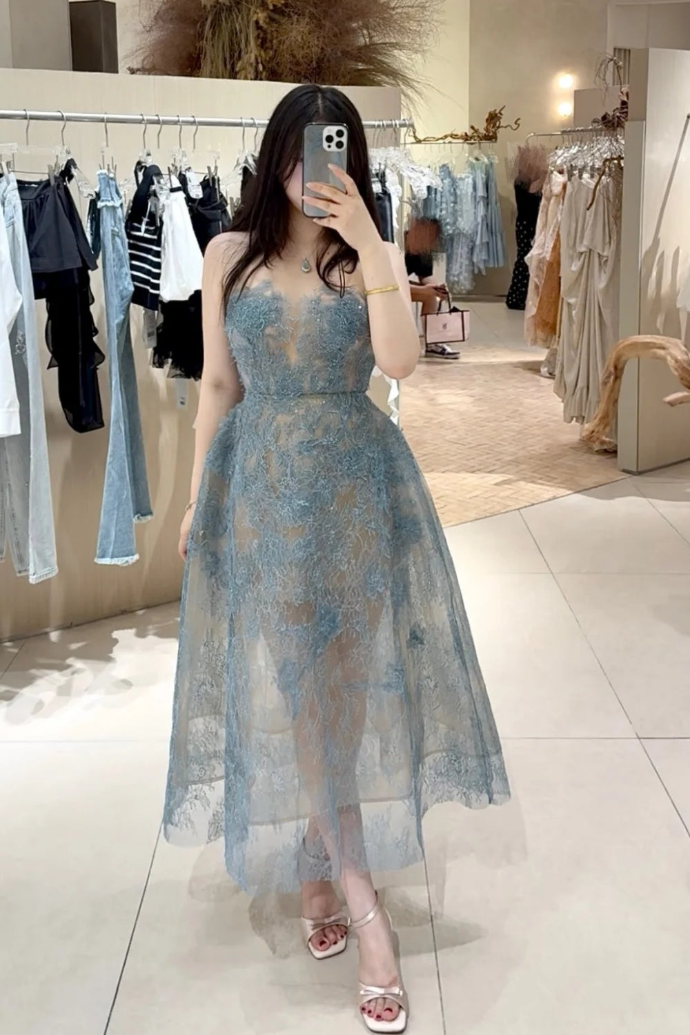 NiceVestidos--Short/medium-length tulle homecoming dress birthday dress blue delicate lace gentle fine sequins mesh elegant Cinderella blue princess dress #birthday outfit #fairydress #blue NV5669