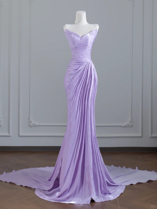 Purple Elegant Long Satin Floor Length Trailing Fairy Prom Dress Evening Dress nv4959