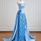 Blue shiny sequins long satin floor-length ball gown evening gown graduation dress nv5104