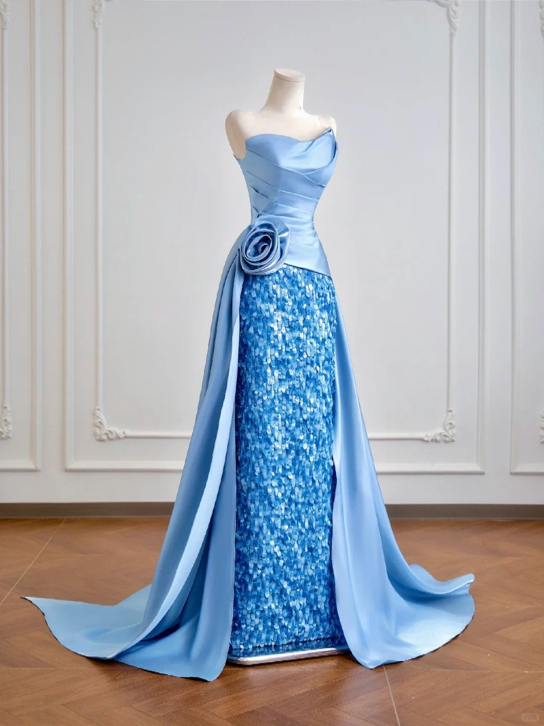 Blue shiny sequins long satin floor-length ball gown evening gown graduation dress nv5104