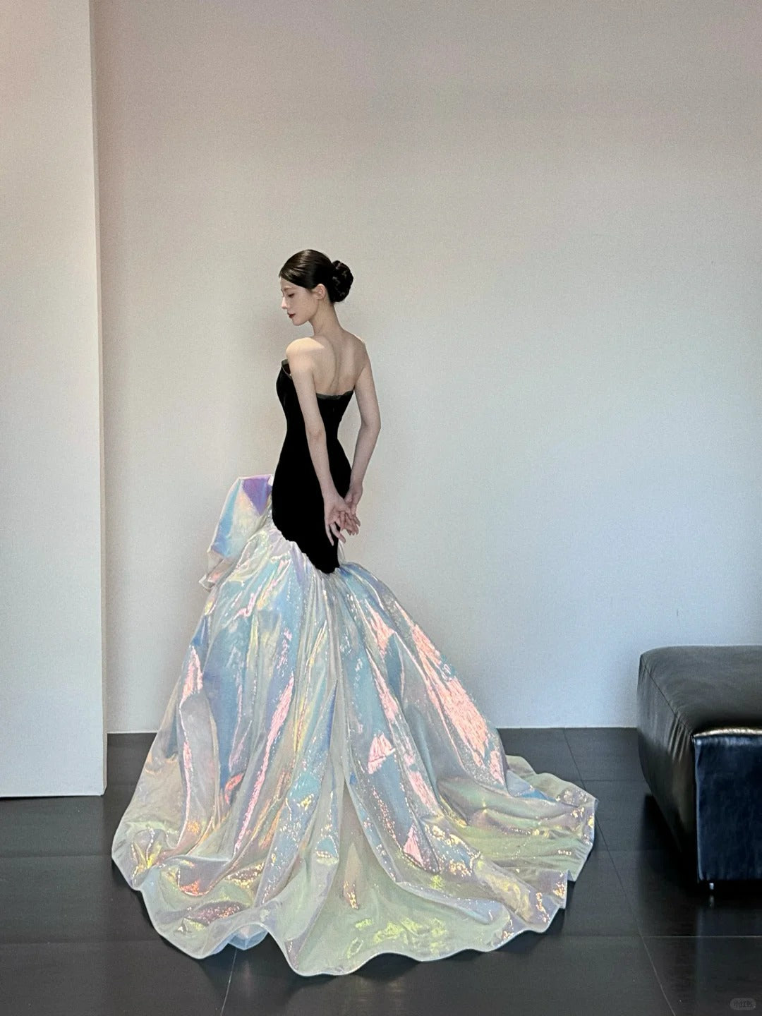 Black shiny gorgeous elegant satin long mermaid floor length ball gown evening dress nv4055