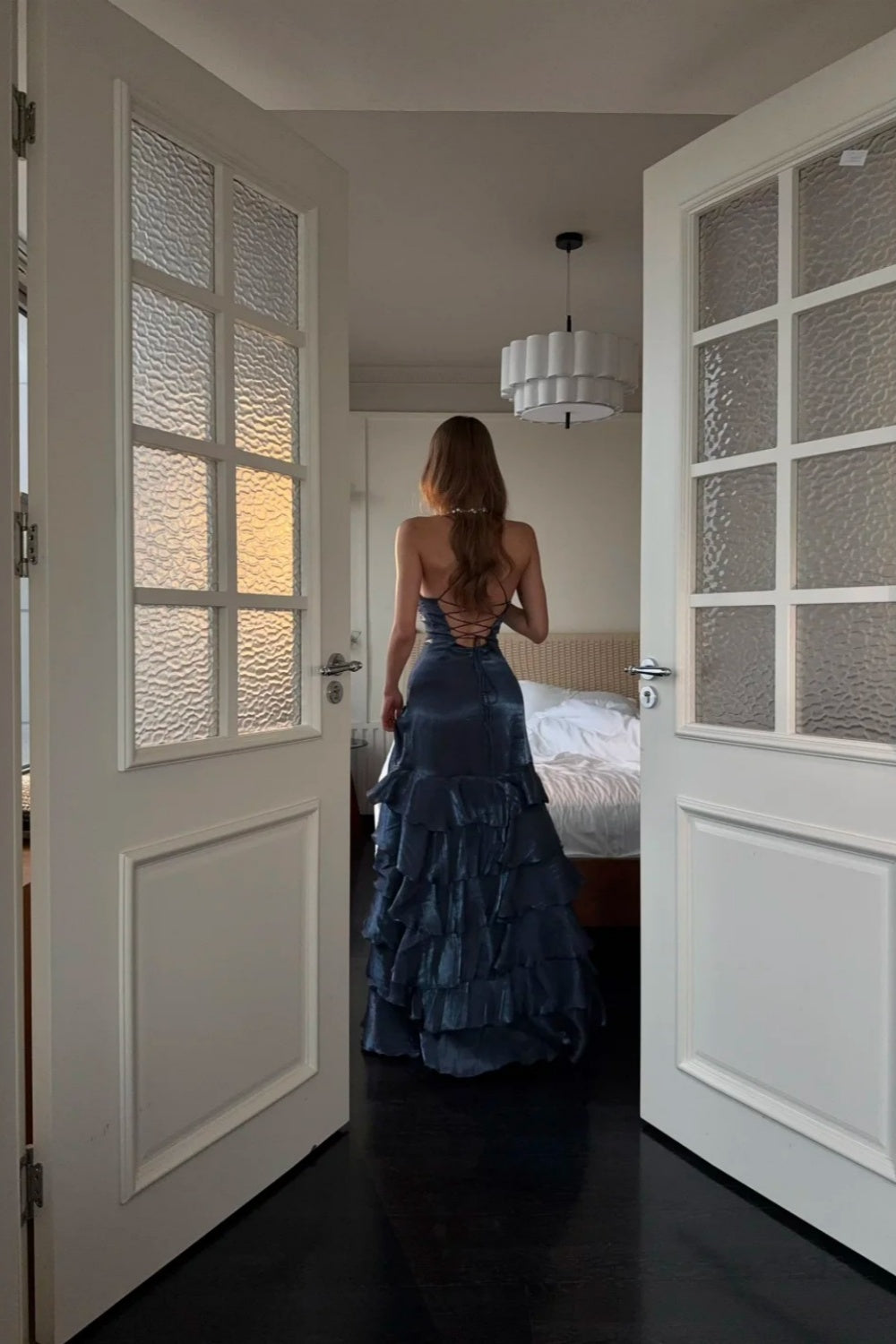 Navy blue fashionable long satin Prom dress NV6574