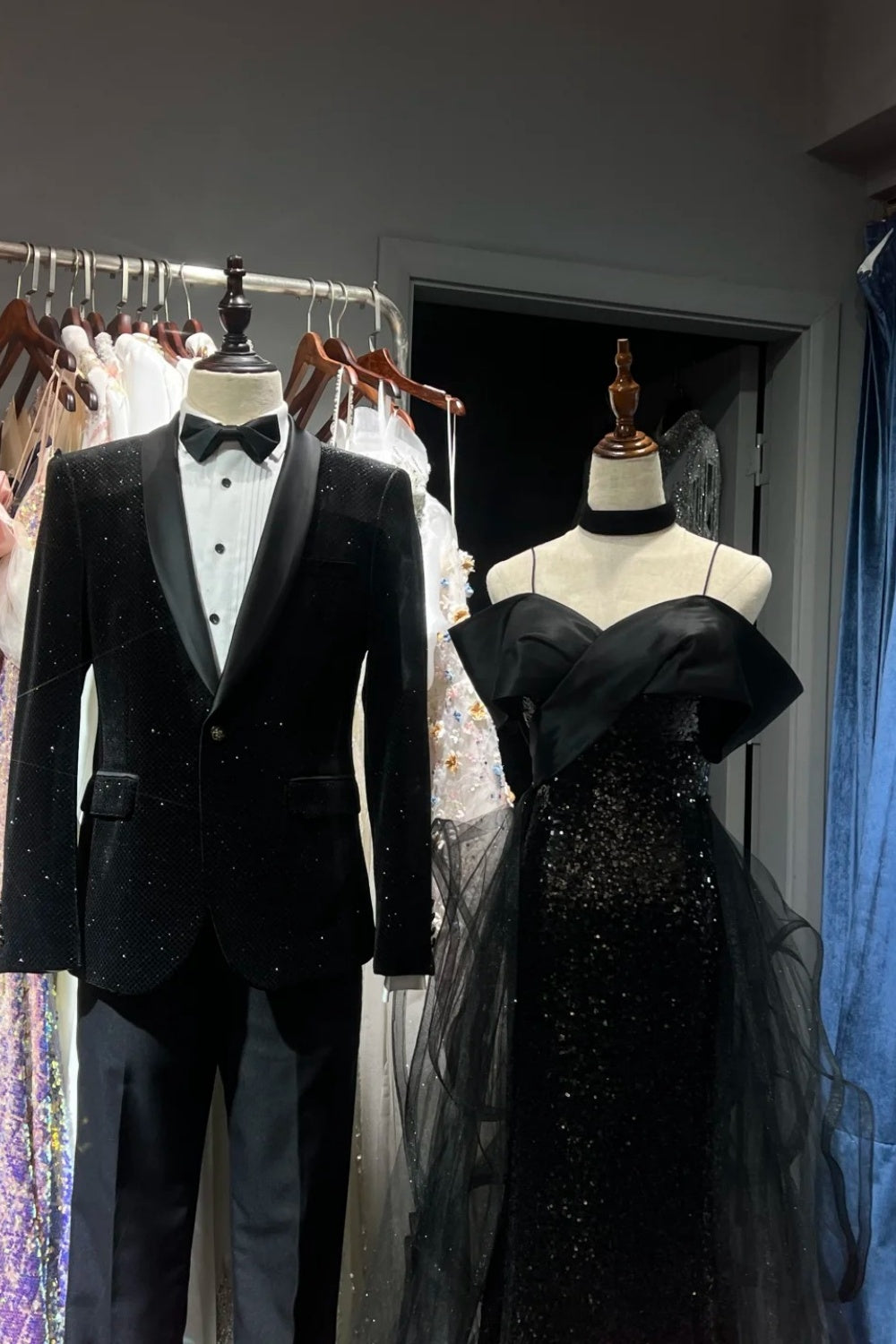 Black shiny long tulle ball dress NV6627