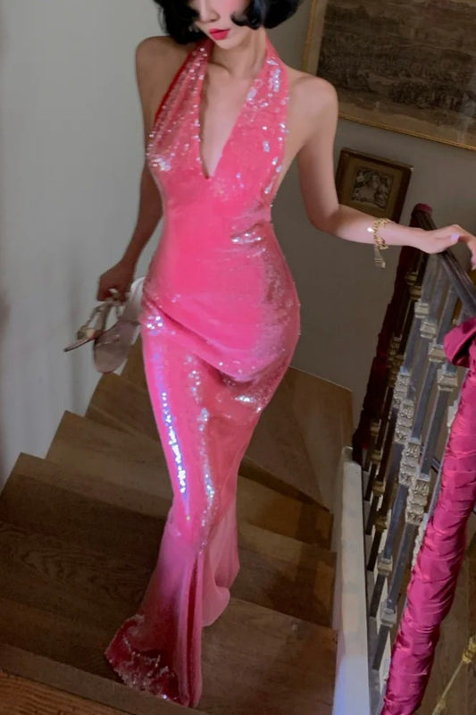 Sequin Halter Maxi Dress: Hot Pink Deep V-backless, Eye-catching Evening Gown NV6400
