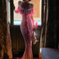 Pink Gradient Ruffled Gown: V-neck Off-the-shoulder, Fitted Mermaid, French Romantic Style NV6401