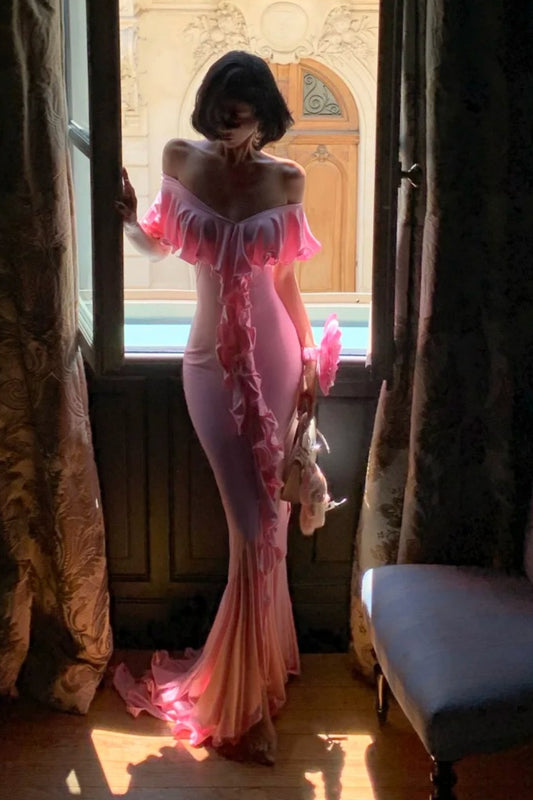 Pink Gradient Ruffled Gown: V-neck Off-the-shoulder, Fitted Mermaid, French Romantic Style NV6401