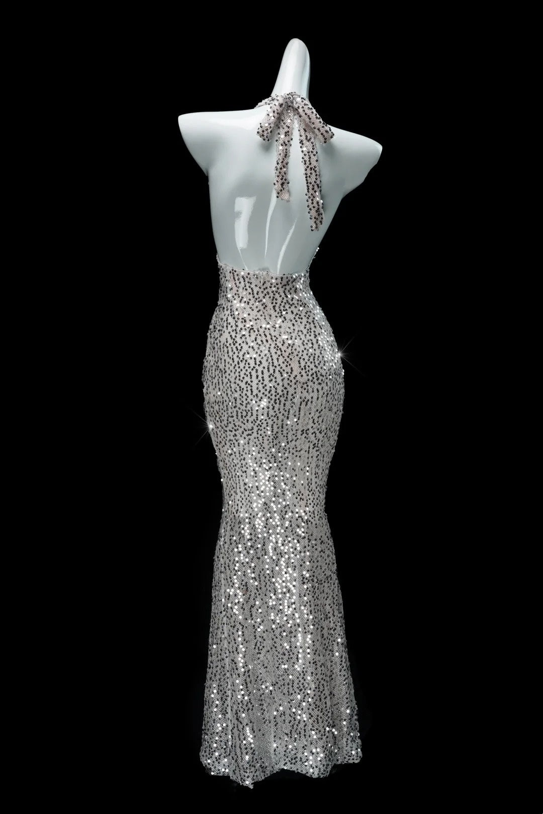 Silver Gray Sequin Halter Mermaid Dress: Deep V Backless, Fitted Train, Banquet Centerpiece Gown NV6410