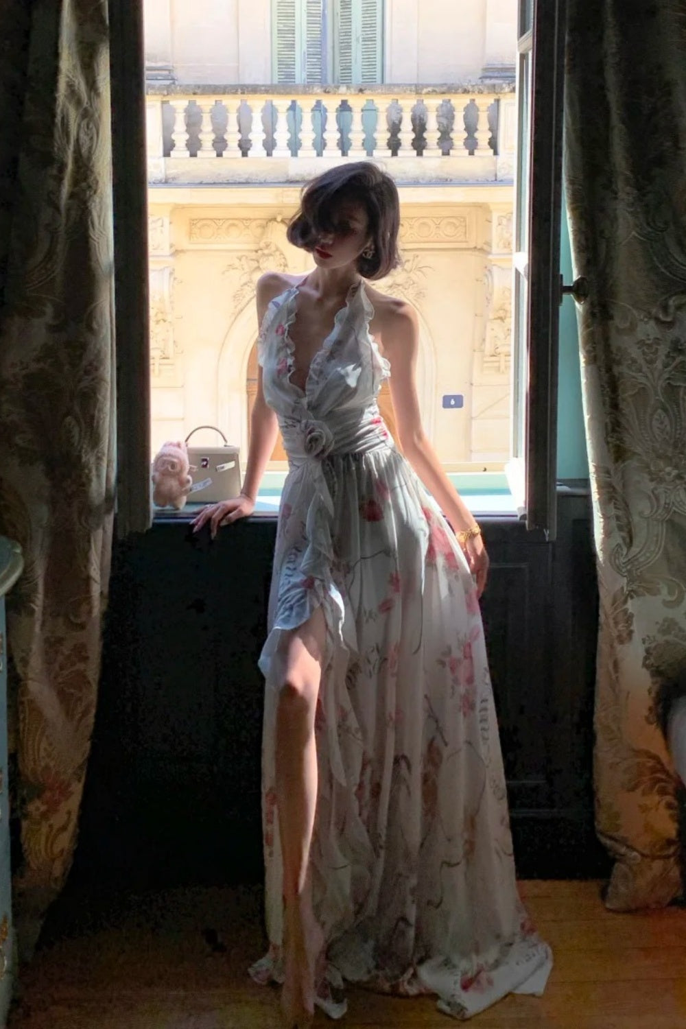 French Garden Rose Print Halter Gown: Backless Maxi, Resort Fairy Dress NV6403