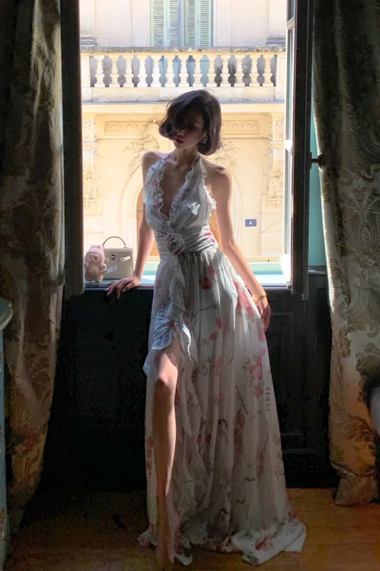 French Garden Rose Print Halter Gown: Backless Maxi, Resort Fairy Dress NV6403