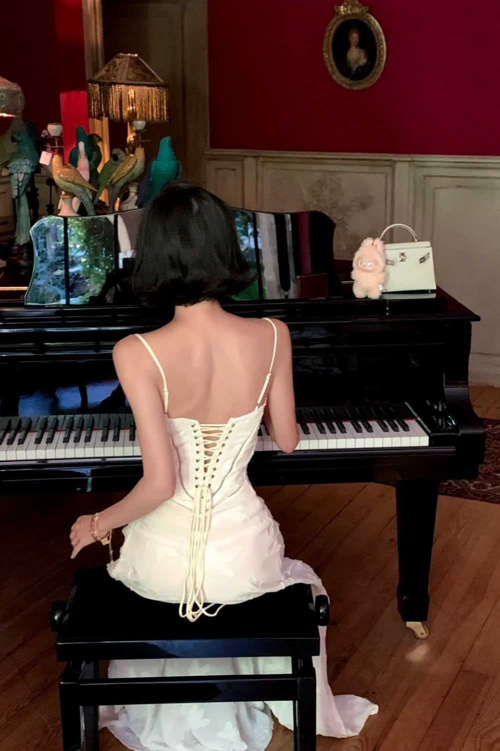 White Embellished Embroidery Gown: Thin Strap Backless, Flowy Chiffon, High-end Date Evening Gown NV6405