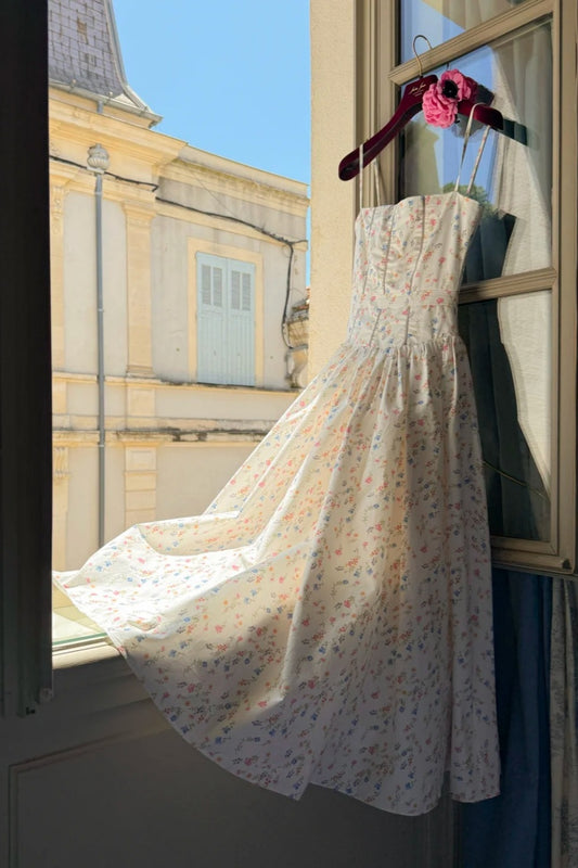 French Floral Camisole Maxi Dress: Waist-cinched Flared Skirt, Thin Strap Design, Resort Fairy Dress NV6416