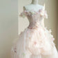 NiceVestidos--Floral Fairy Style：Pink - White 3D Floral Studded Tulle Off - Shoulder Floor - Length Wedding Dress NV5815