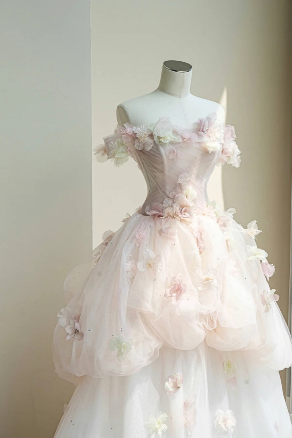 NiceVestidos--Floral Fairy Style：Pink - White 3D Floral Studded Tulle Off - Shoulder Floor - Length Wedding Dress NV5815