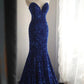 Royal blue vintage elegant pleated long sequin velvet beaded mermaid fishtail slim floor-length tail ball gown evening dress party dress wedding dress nv4123