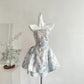 White exquisite blue floral short satin homecoming dress birthday party dress nv5261