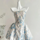 White exquisite blue floral short satin homecoming dress birthday party dress nv5261