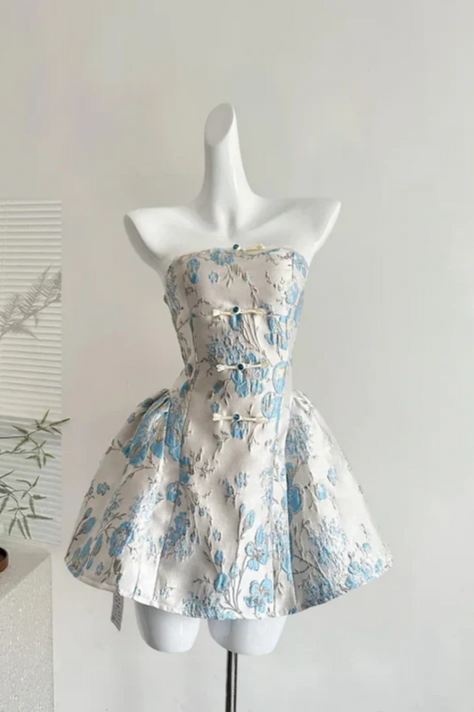 White exquisite blue floral short satin homecoming dress birthday party dress nv5261