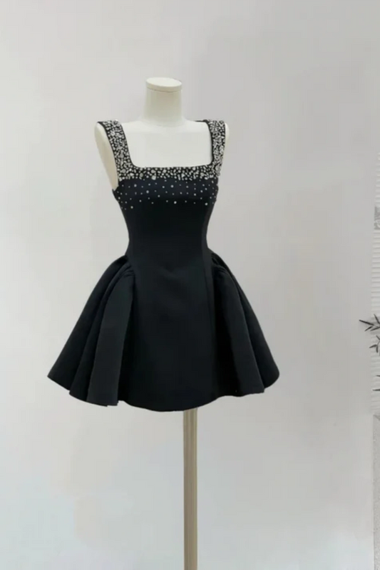 Black/White Beaded Short Satin Homecoming Dress Birthday Party Dress nv5262