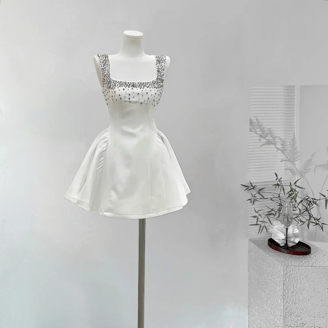 Black/White Beaded Short Satin Homecoming Dress Birthday Party Dress nv5262