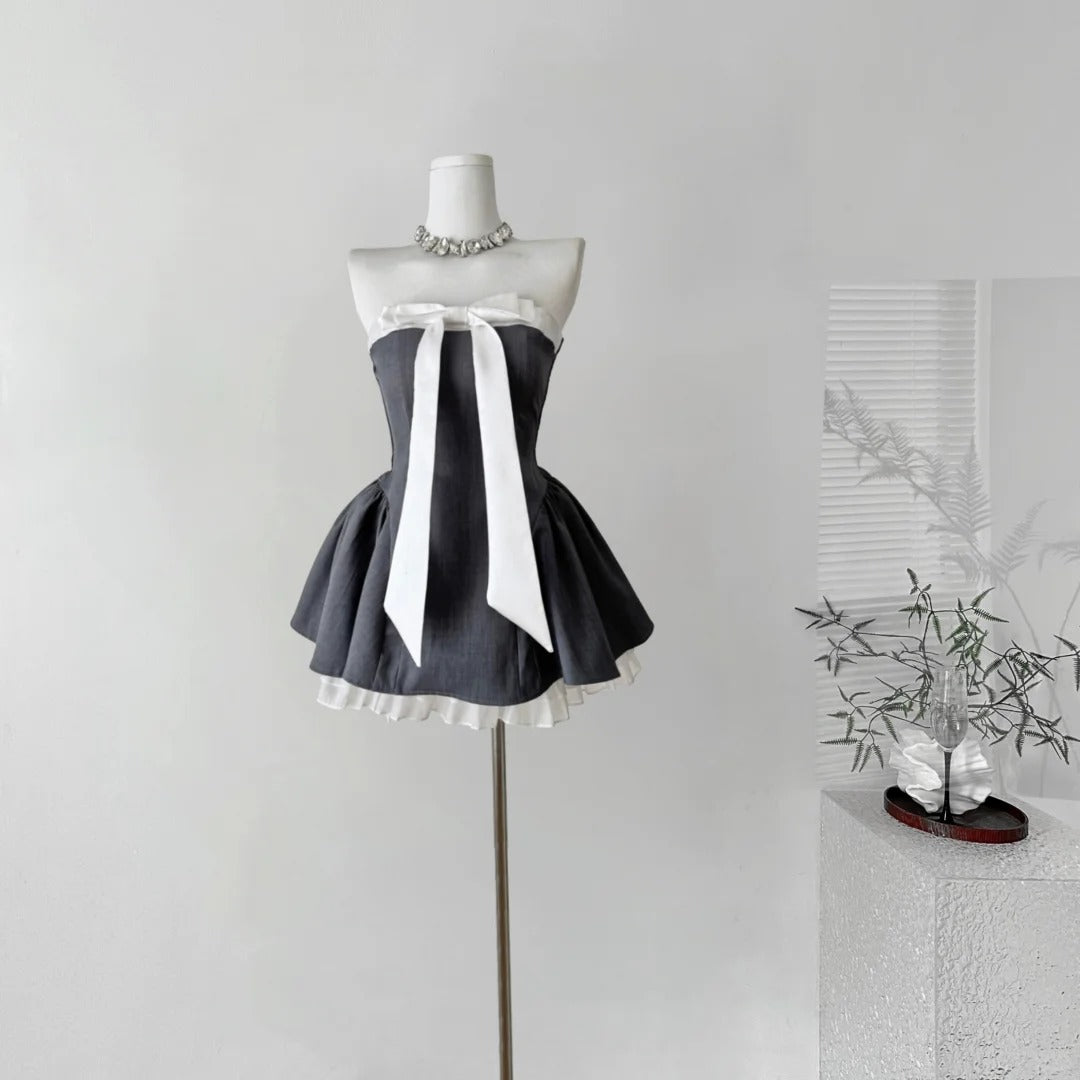 Black Bow Short Satin Homecoming Dress Birthday Party Dress nv5263