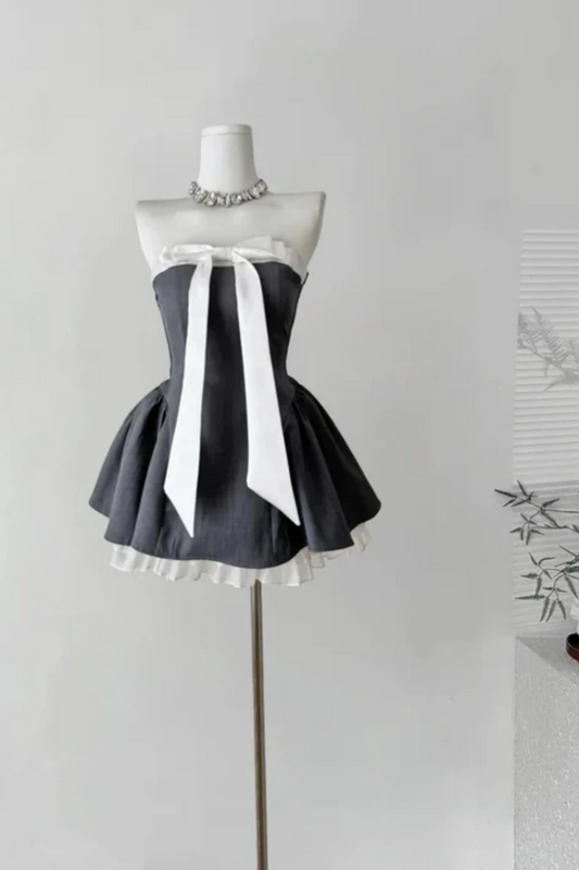 Black Bow Short Satin Homecoming Dress Birthday Party Dress nv5263