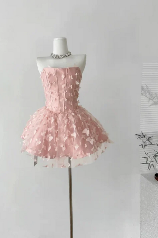 Pink Butterfly Short Chiffon Homecoming Dress Birthday Party Dress nv5264