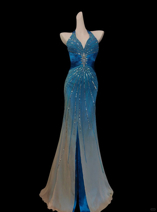 Robe de soirée longue en mousseline de soie, style vintage, bleu eau, exquise, perles, élégante, bretelles, longueur au sol, robe de bal, nv5234