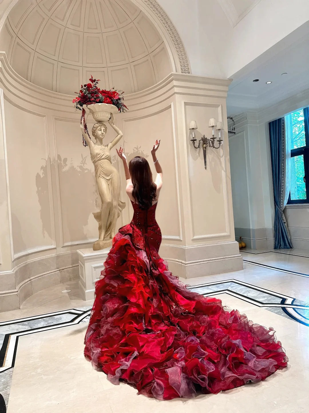 Red luxurious and gorgeous long chiffon ball dress princess dress NV6727