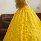 Gelbes Vintage Elegantes Blumen Perlen Langes Tüll Prinzessin Ballkleid nv5009