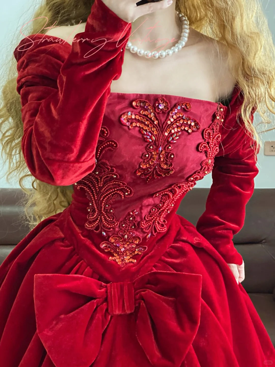 Red velvet beaded gorgeous retro elegant long princess ball gown nv5011