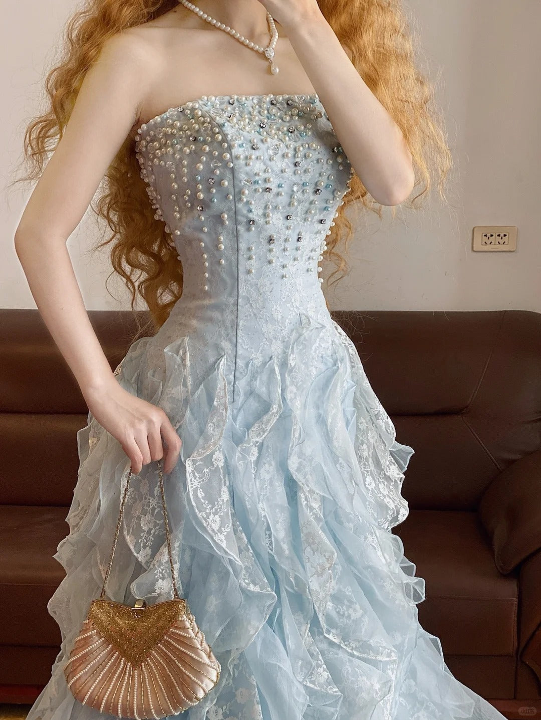 Blue beaded lace long tulle princess ball gown evening dress nv5044