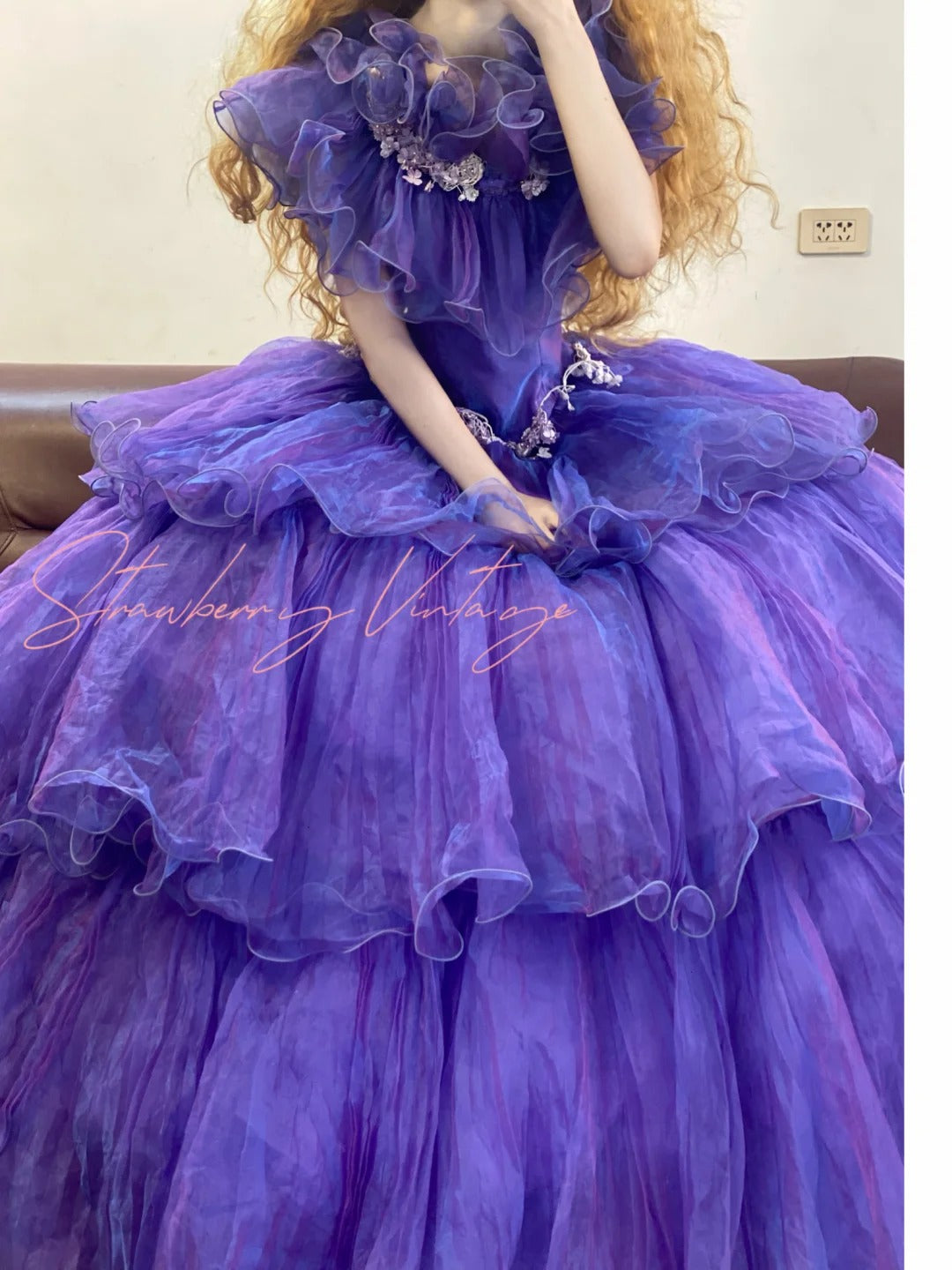 Purple applique vintage elegant long princess tulle ball gown nv5030