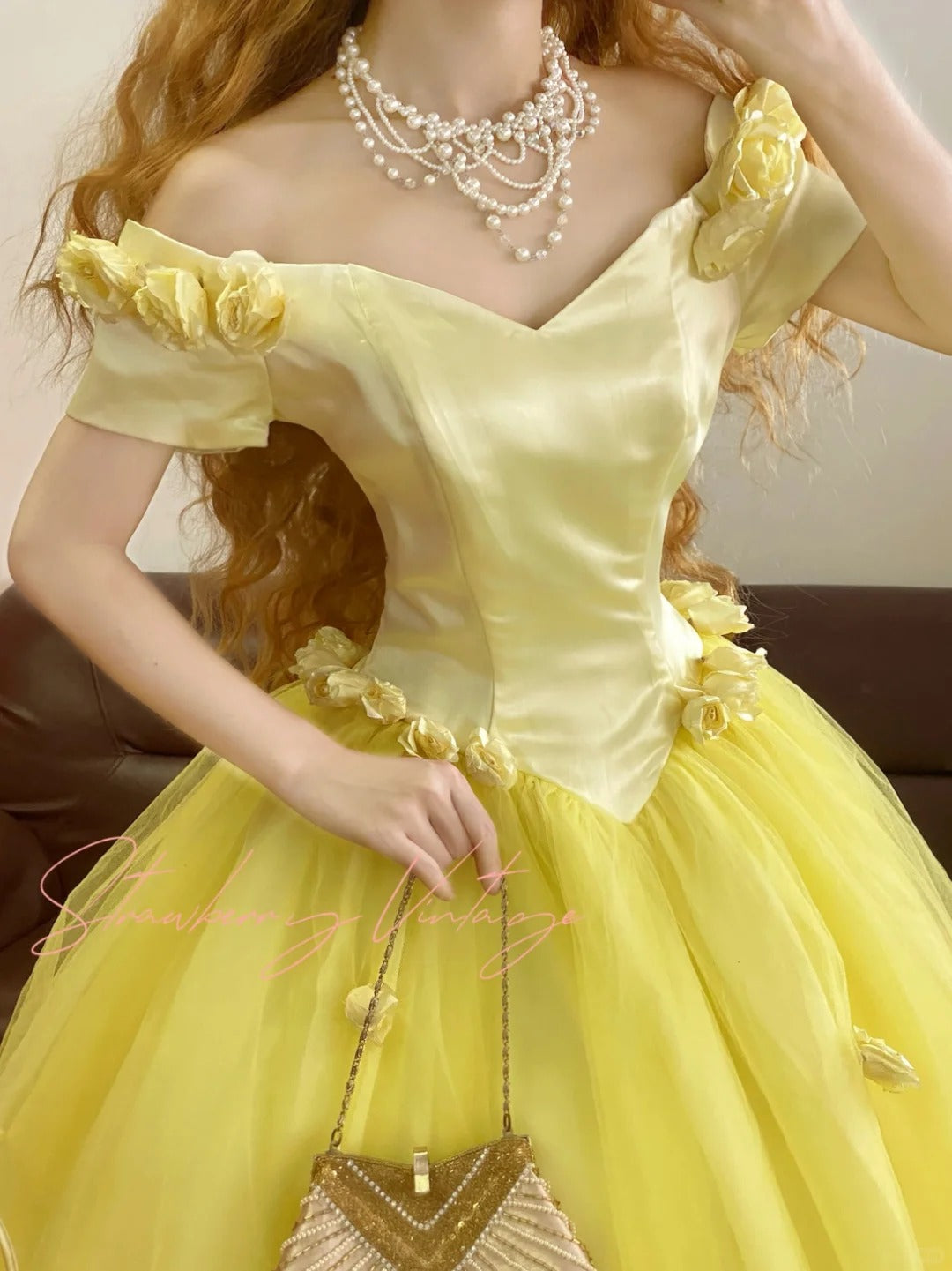 Yellow vintage elegant tulle long princess ball gown evening dress nv5003