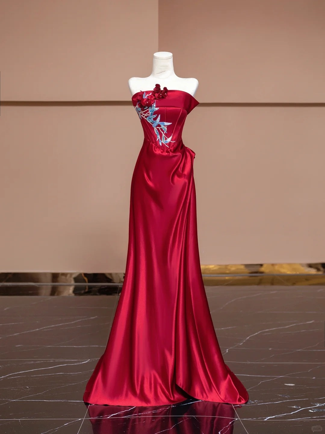 Red Beaded Long Satin Floor Length Ball Gown Evening Dress nv5050