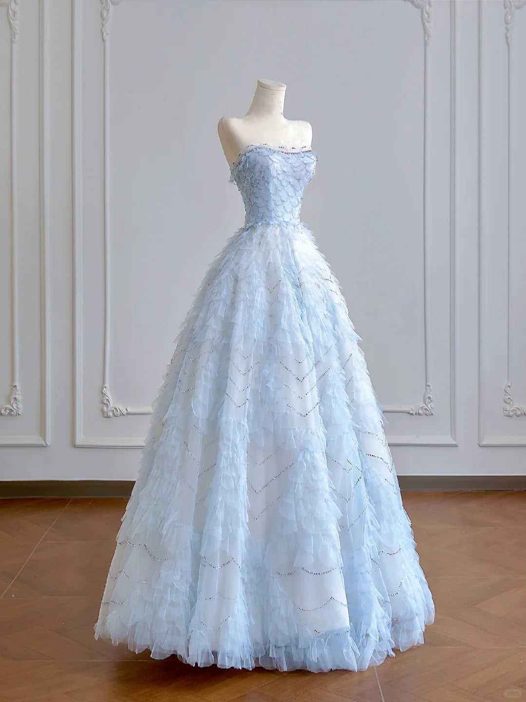 Light blue shiny sequined organza long tulle floor-length ball gown evening dress graduation dress nv5103